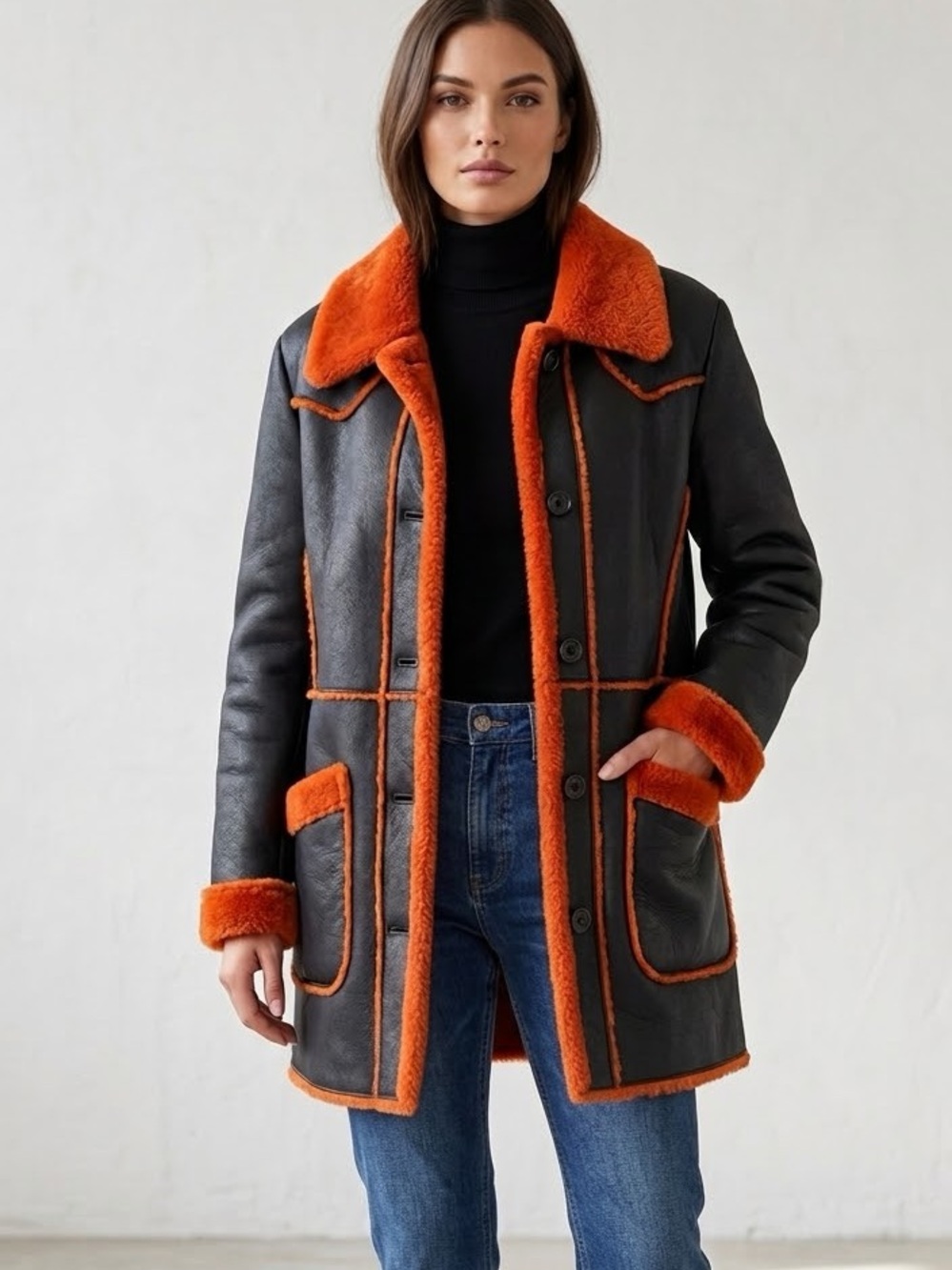 Oscar Leopold Canadian Vintage Contrast Leather & Faux Fur Coat